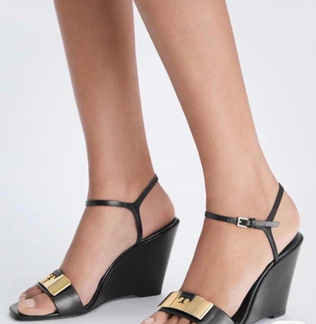 Tory Burch Leather Wedge Sandals – Black